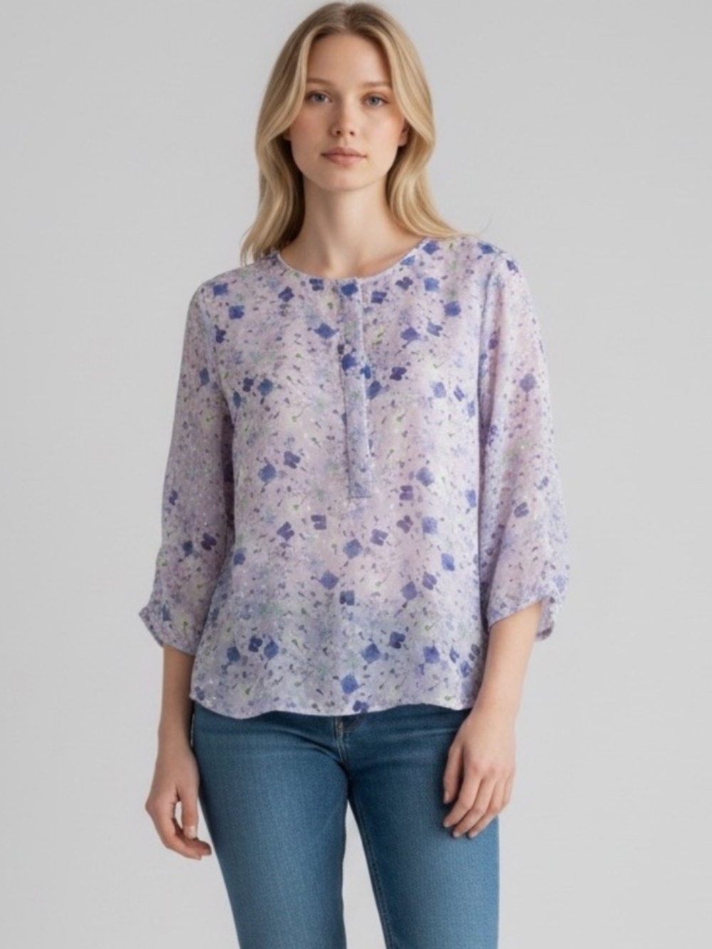 Talbots Petite Women's Lilac Floral Print Chiffon 3/4 Sleeves Top Size LP